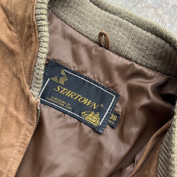 Vintage 1960s Startown Men Brown Leather Bomber Jacket 38R Full Zip Suede Tan - Picture 2 of 7